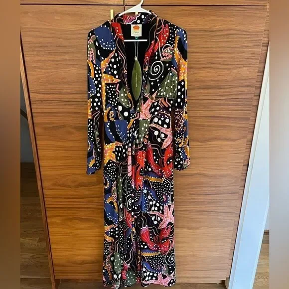 NWT Farm Rio Under The Sea Long Sleeve V-neck Plunge Ruffle Maxi Dress Small - Picture 5 of 15